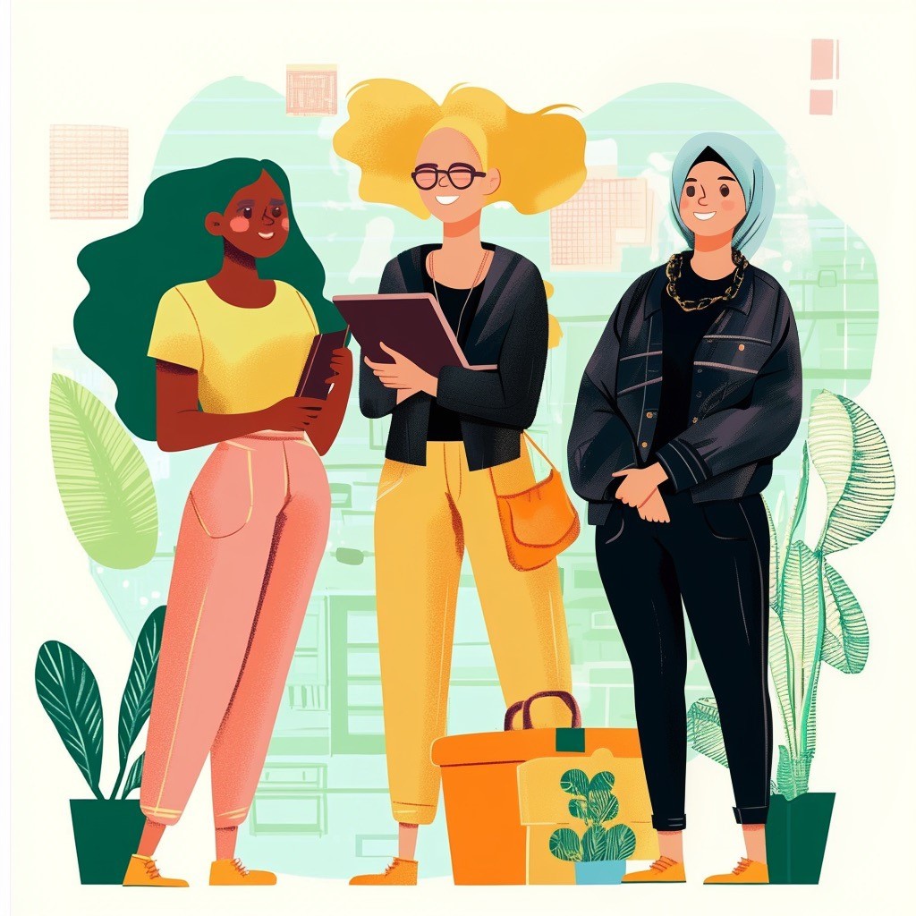 3 Frauen mit Laptop und Taschen