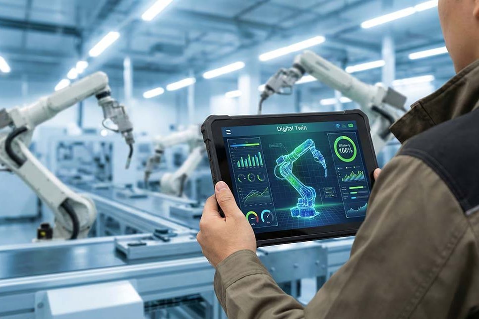 Adobe Stock/ SM Graphics - KI generiert Ingenieur, der über eine Tablet-Schnittstelle in einer Digital-Twin-Simulation die industriellen Roboterarme in einer automatisierten Fabrik steuert